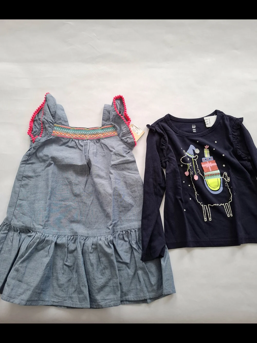 Cherokee Girls Blue Sundress With Pompoms & GAP Navy Llama Graphic Tee Set SZ 3